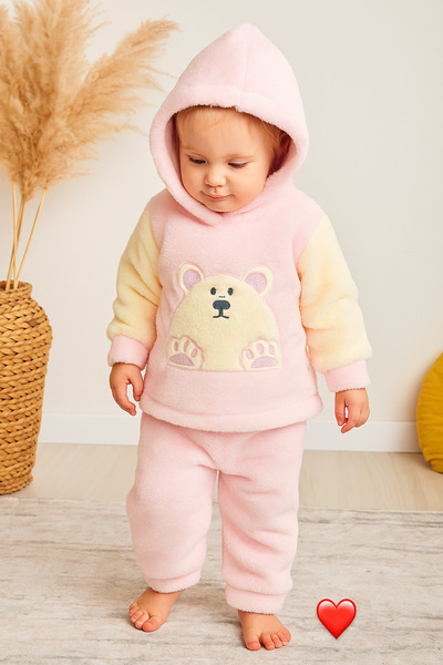 Arı Bebe Baby Girl Welsoft Hooded Teddy Bear Embroidered Tracksuit Set