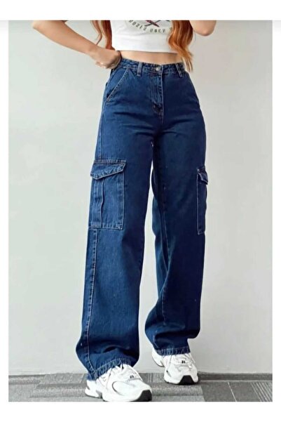 ECK MODA Women's Cargo Pocket High Waist Palazzo Loose Fit Denim Trousers