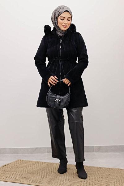 Tesettür Dünyası Hooded Zippered Fox Coat Tsd250238 Black