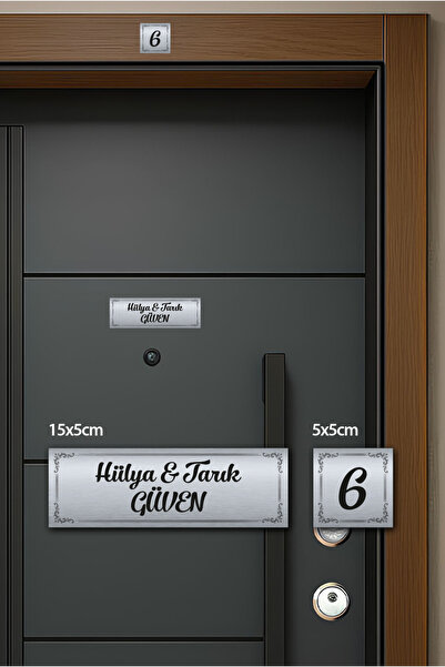 Grafiklas Gümüş Daire Kapı İsimliği – Kişiye Özel Paslanmaz Metal Plaka ve Ka...