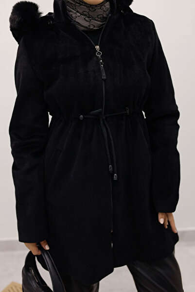 Tesettür Dünyası Hooded Zippered Fox Coat Tsd250238 Black