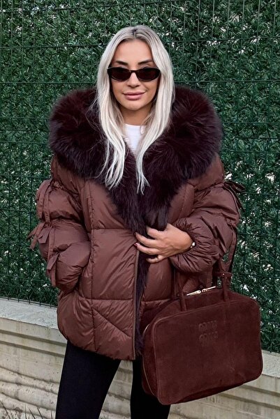 Muna Boutique Yakası Kürklü Acı Kahve Kadın Şişme Mont