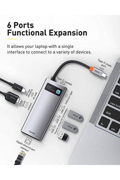 Baseus Metal Gleam 6 In 1, Çok Fonksiyonlu Bilgisayar/telefon Hub Adaptörü, Gri, Bağlantı Sayısı: 6,