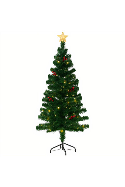Issa Artificial Christmas Tree 150 cm with Star-shaped LED Light, Star Topper and Red Berry Decoration