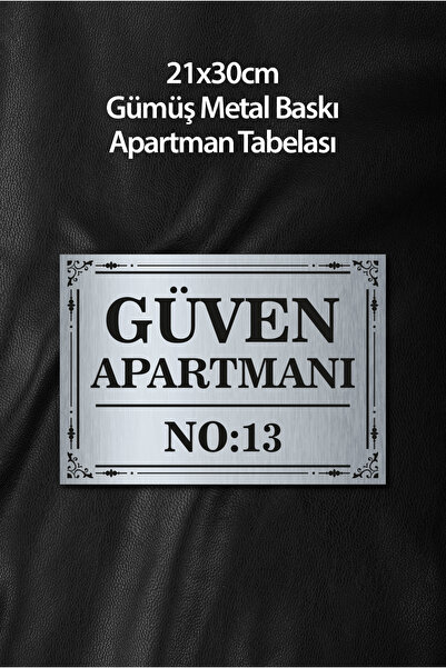 Grafiklas Gümüş Metal Apartman İsimliği 21x30 cm Yapışkanlı Gerçek Metal Tabe...