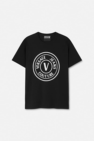 Versace Men's Regular Fit Velvet Print V Emblem Crew Neck T-Shirt - Black