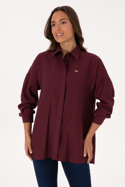 U.S. Polo Assn. Kadın Bordo Uzun Kollu Oversize Desenli Gömlek 50316422-VR177