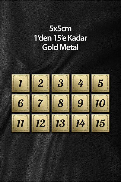 Metal Kapı Daire Apartman Masa Dolap Numarası Set Takım 15’li (1’den 15’e Kadar) Gold Metal 5x5cm