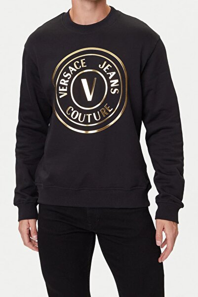 Versace Men's Gold Foil Print Emblem Crew Neck Sweatshirt - Black/Gold