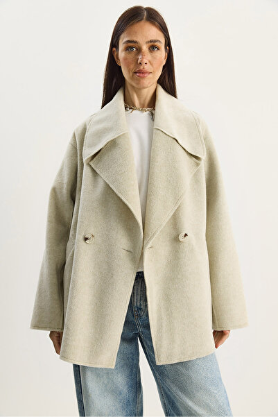 Bianco Lucci Women's Wide Collar Pocket Detailed Oversize Cashmere Coat 38183 60283785