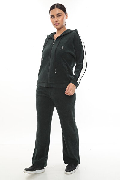 EXİTLİNE Women's Winter Special Embroidered Zippered Hooded Stone Emerald Green Velvet Tracksuit Set