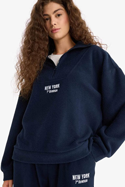DeFacto Oversized Mock Neck Zippered Printed Fleece Navy Blue Women's Sweatshirt Y2649Az/Nv146