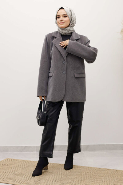 Tesettür Dünyası Double Button Alpaca Fox Jacket Tsd250244 Gray