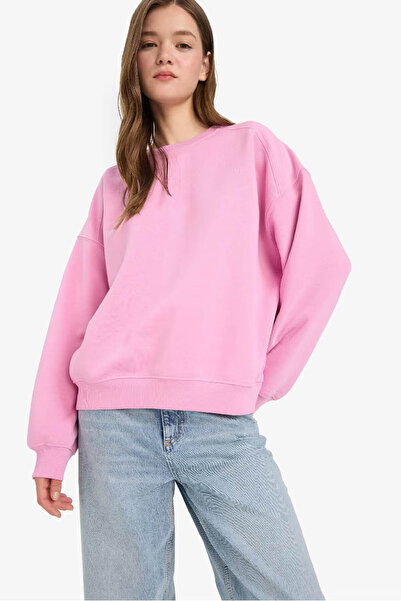DeFacto Γυναικείο φούτερ Coool oversized Wide Fit Crew Neck Χοντρό ροζ φούτερ A4177AX/PN450