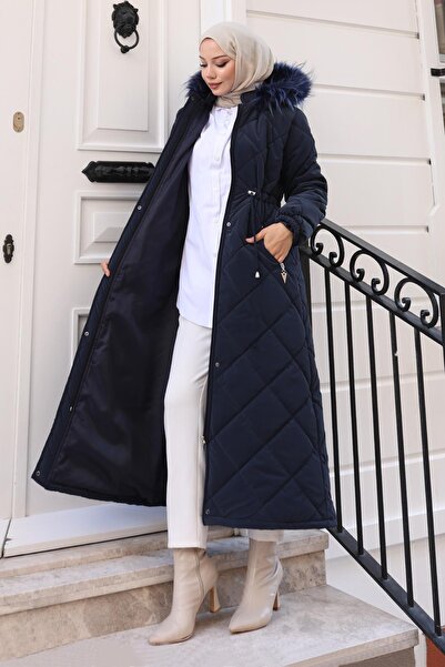 Missvalle Zippered Hooded Quilted Coat Navy Blue 19277