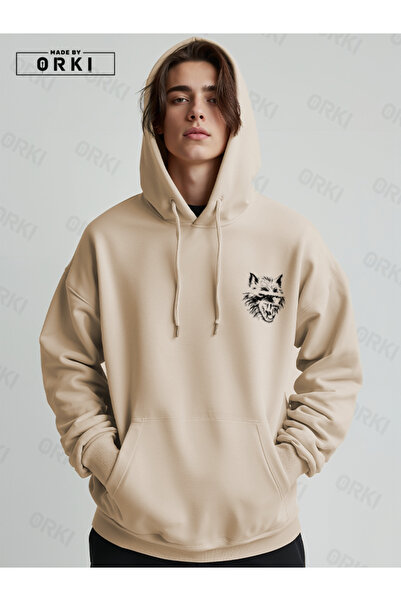 EFFRENATU Scary Wolf Printed Oversized Beige Hooded Sweatshirt Black Pants Jogger – Comfortable and Stylish Hoodie
