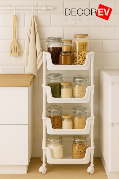 decorev 4 Katlı Tekerlekli Plastik Organizer Raf – Çok Amaçlı Mutfak, Banyo ve Ofis Düzenleyici (Beyaz) DC-6