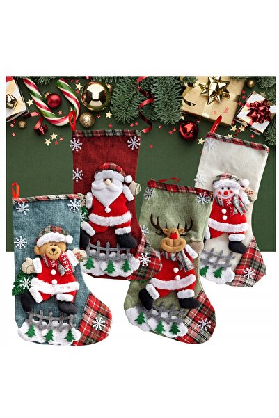 zola Σετ 4 διακοσμητικών χριστουγεννιάτικων καλτσών, διαφορετικά σχέδια, με κρεμάστρες, 19 x 31 εκ.