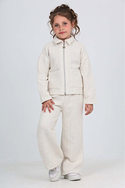 Toontoy Kız Çocuk 2'li Takım Gömlek Yaka Fermuarlı Cepli Sweatshirt & Beli La...