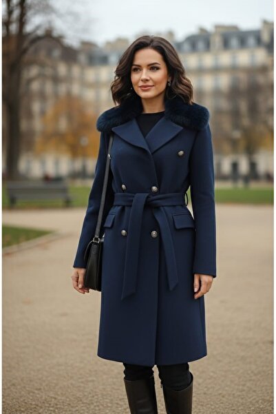 güncüoğlu Cashmere Coat with Removable Fur Collar Kr Double-Breasted Butler Metal Buttons