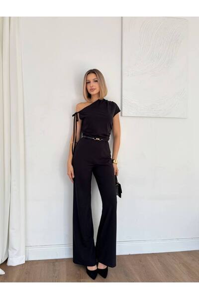 Misscix Kadın Drapeli Tek Kolu Bağlamalı Kayık Yaka Tulum