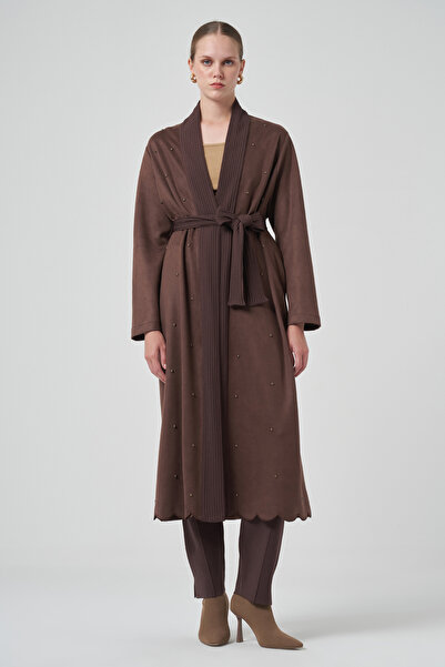 Nuss Beaded Knitwear Belt Detail Suede Cap Jacket 6001 Brown