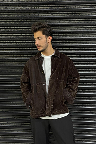 thesunfyre ΑΝΔΡΙΚΟ Καφέ oversized Premium Μπουφάν με διπλή τσέπη από βελούδο