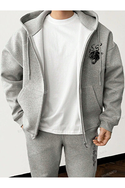 EFFRENATU Trendy Prints Clothing Hooded Zipper Top & Bottom Set Plus Size