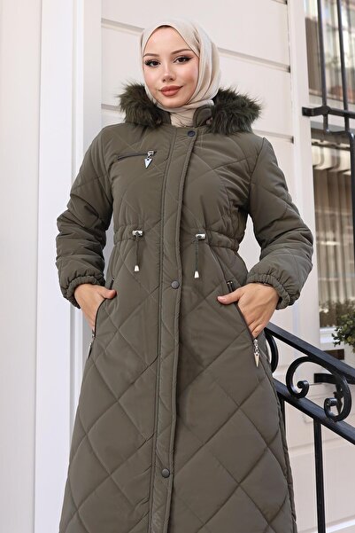 Missvalle Zippered Hooded Quilted Coat Khaki 19277