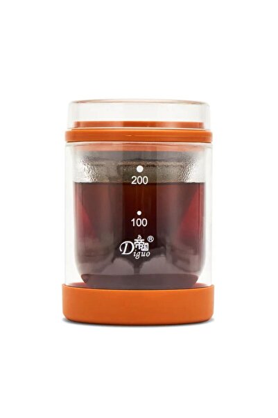 Diguo 2-in-1 Coffee Drip and Serving Cup V60 with Stainless Steel Filter, Double Insulated Glass Cup, Orange, 200ml