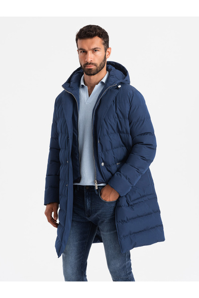 OMBRE Μακρύ καπιτονέ ανδρικό μπουφάν με φλατ φόδρα και επένδυση - Σκούρο μπλε v1 OM-JALJ-0177