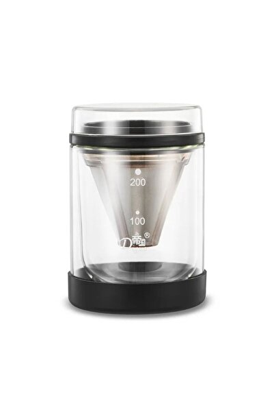 Diguo 2-in-1 Coffee Drip and Serving Cup V60 with Stainless Steel Filter, Double Insulated Glass Cup, Black, 200ml