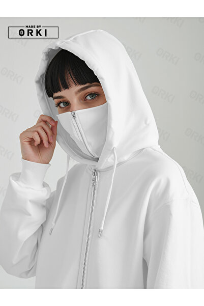 EFFRENATU Masked Ninja White Unisex Sweatshirt Cardigan 3 Thread Thick Pola