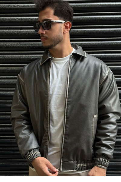 thesunfyre Jachetă din piele artificială elastică pentru bărbați supradimensionat