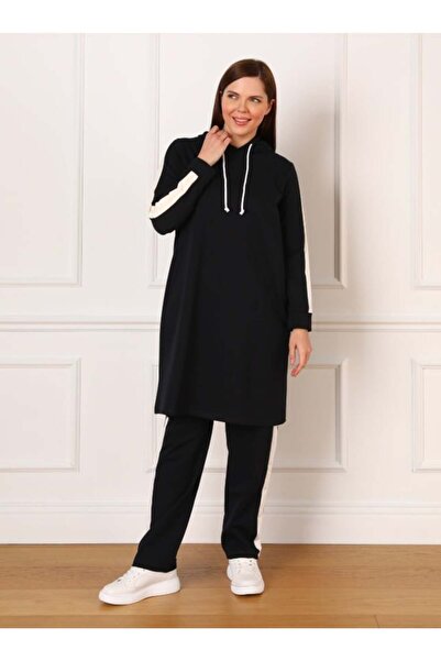 ALİA Αθλητικό Σετ Τουνίκ & Παντελόνι Μεγάλου Μεγέθους από Φυσικό Ύφασμα - Μαύρο -