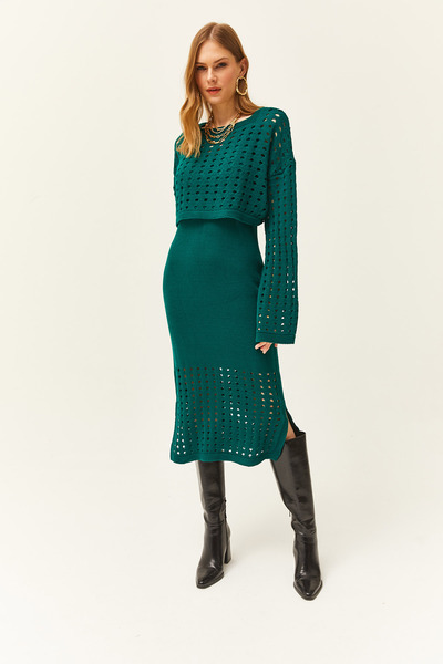 Olalook Women's Emerald Green Lace-Like Knit Sweater Lace-Like Knit Dress Knitwear Set Tkm-19000461