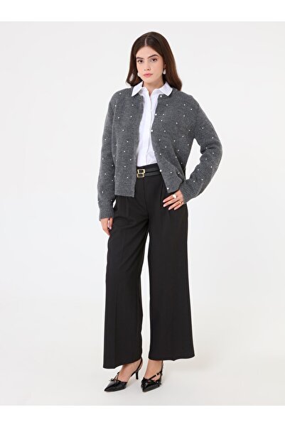 Refka Pearl Detailed Crew Neck Buttoned Knit Cardigan - Dark Gray -