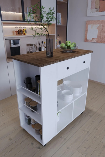 Genel Markalar Tekerlekli i Kahve Köşesi Dolabı Oval Kenarlı Mikrodalga ve To...