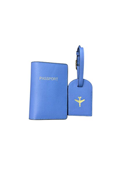 Seyahataksesuar Navy Blue Leather Passport Cover and Luggage Tag Set
