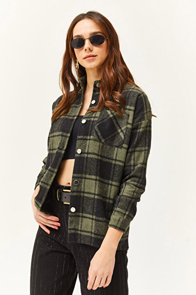 Olalook Women's Khaki Black Pocketed Thick Plaid Lumberjack Shirt Gml-19001396