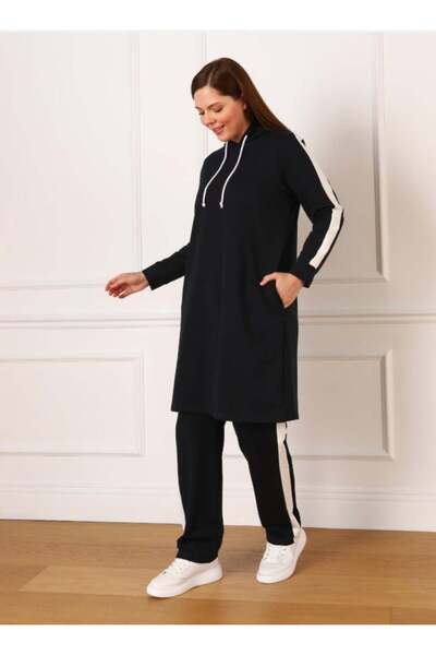 ALİA Αθλητικό Σετ Τουνίκ & Παντελόνι Μεγάλου Μεγέθους από Φυσικό Ύφασμα - Μαύρο -