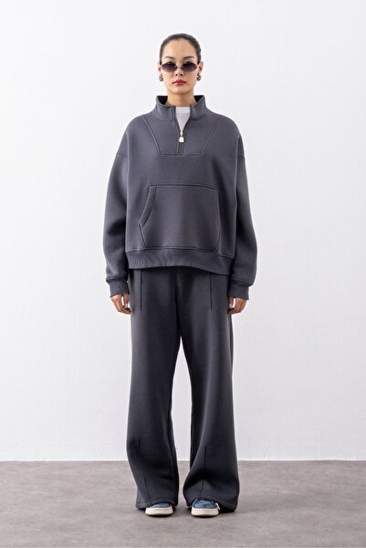 gothamvibes Kadın Antrasit Fermuarlı Oversize Sweatshirt