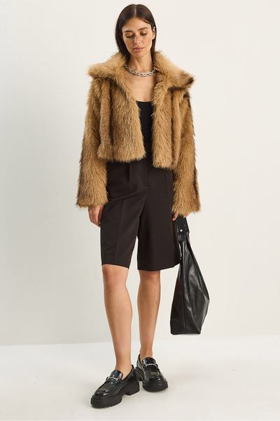 Bianco Lucci Women's Patterned Collared Lined Faux Crop Fur Jacket 2852 60281123