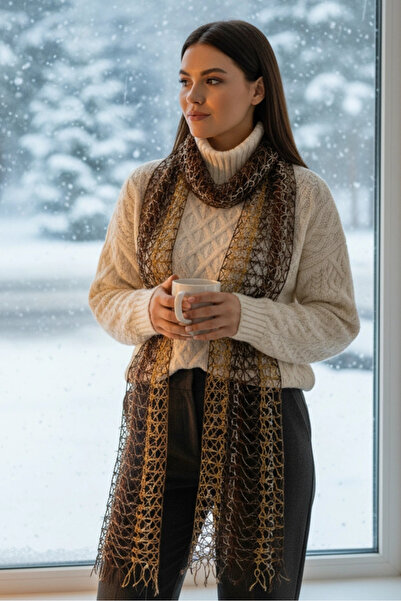 PRVT El Örgüsü Açık Desenli Kahverengi Hardal Sarısı Şal