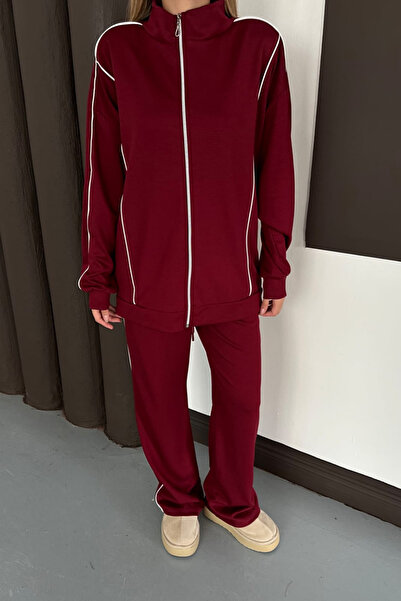 The Robi Women's Burgundy Ara Piped Long Tracksuit Set