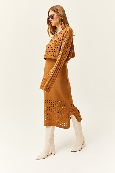 Olalook Women's Camel Lace-Like Knit Sweater Lace-Like Knit Dress Knitwear Set Tkm-19000461