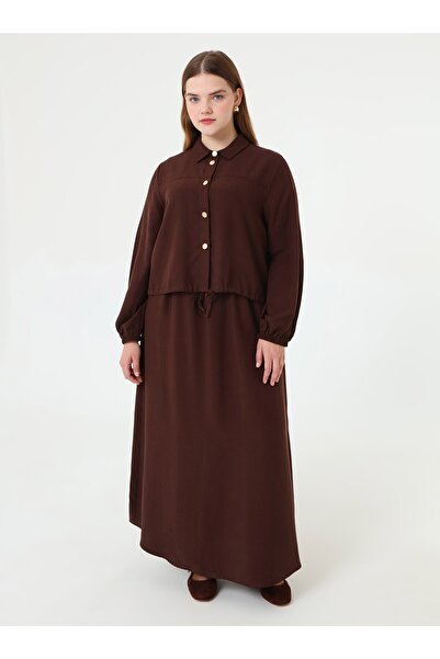 ALİA Soft Button Gold Button Detailed Shirt & Skirt Plus Size Set - Brown -