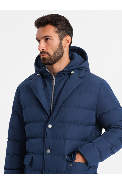 OMBRE Μακρύ καπιτονέ ανδρικό μπουφάν με φλατ φόδρα και επένδυση - Σκούρο μπλε v1 OM-JALJ-0177