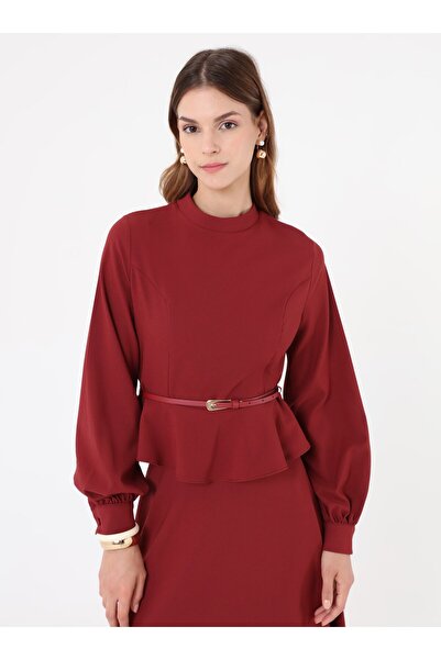 Refka Belt Detailed Flared Shirt & Skirt Set - Burgundy -