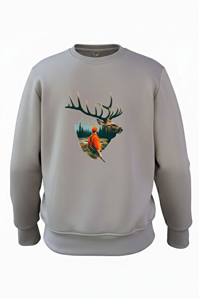 WİDİ Nature Hunting Deer and Hunter Theme Printed Wild Life Regular Fit 3Thread Sh Fleece-Lined 100% Cotton Sweatshirt